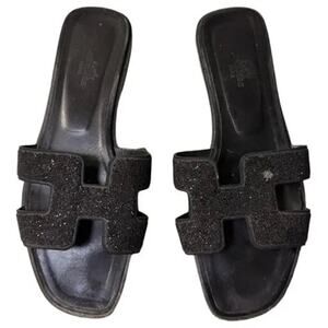 Authentic Hermès Oran Black Suede Beaded Flat Sandals Size 39